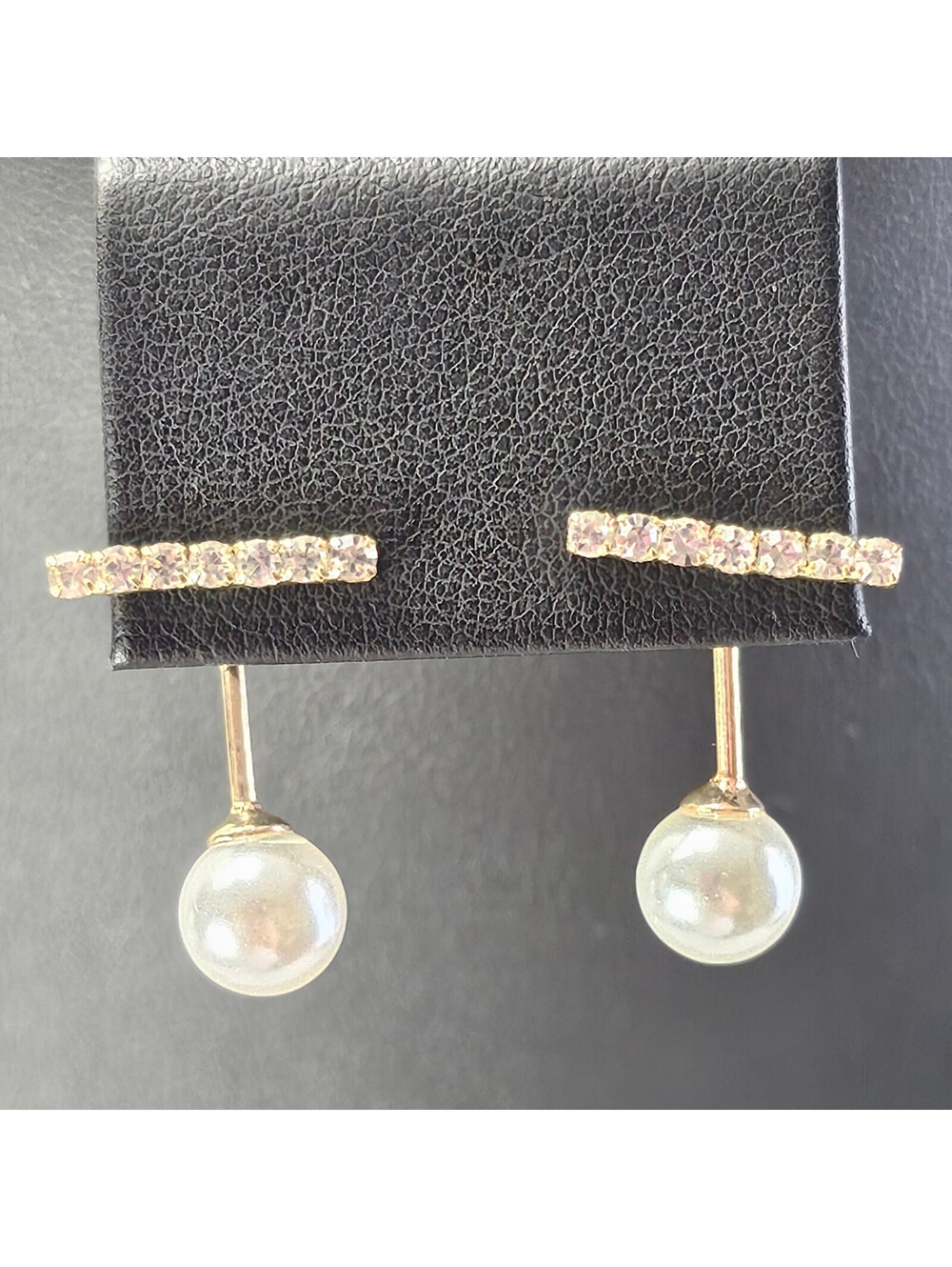 S925 Sterling Silver Gold Vermeil Rhinestone Bar Stud Faux Pearl Drop Earrings